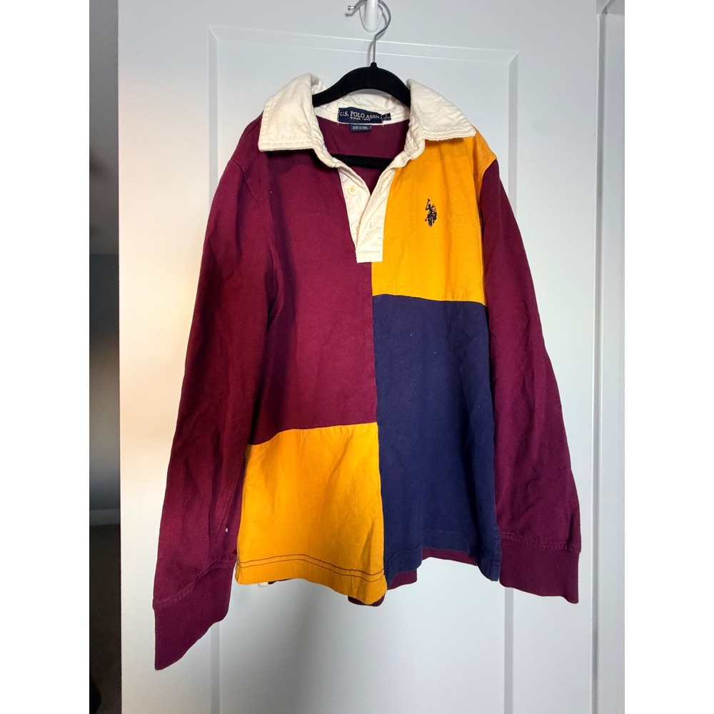 US Polo Assn Boys Large 10-12 Rugby Shirt Colorblock Long Sleeve Burgundy Yellow